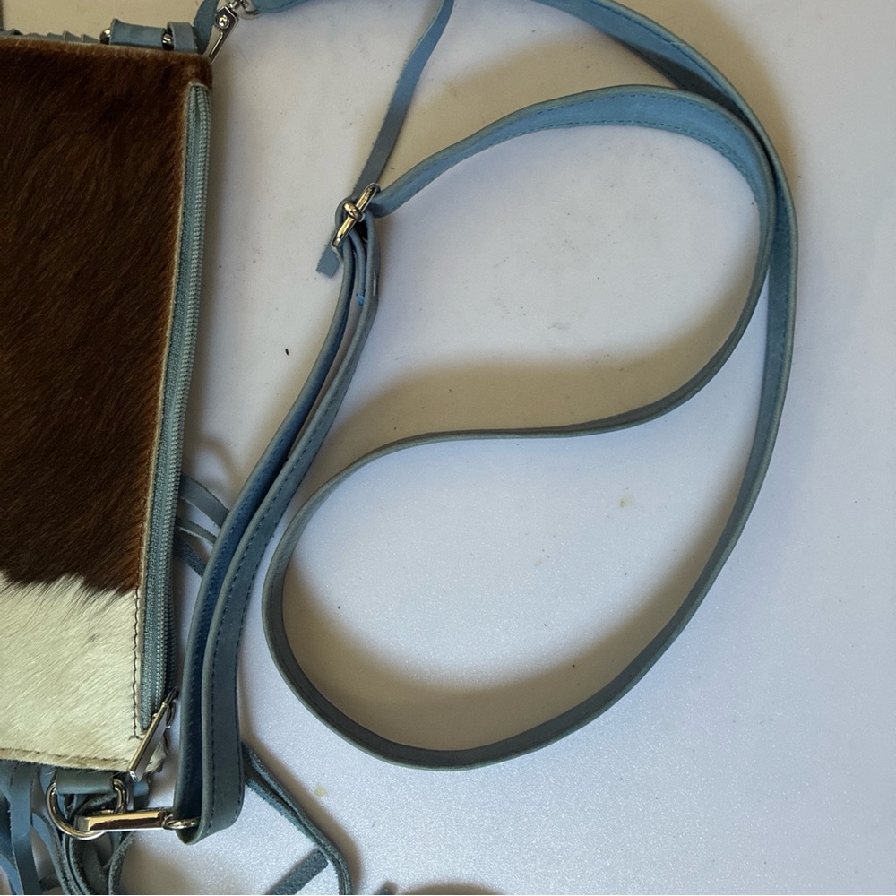 Western Linens-HairOnHide Fringe Crossbody Powder Blue Homestead Coastal Cowgirl - Picture 11 of 14